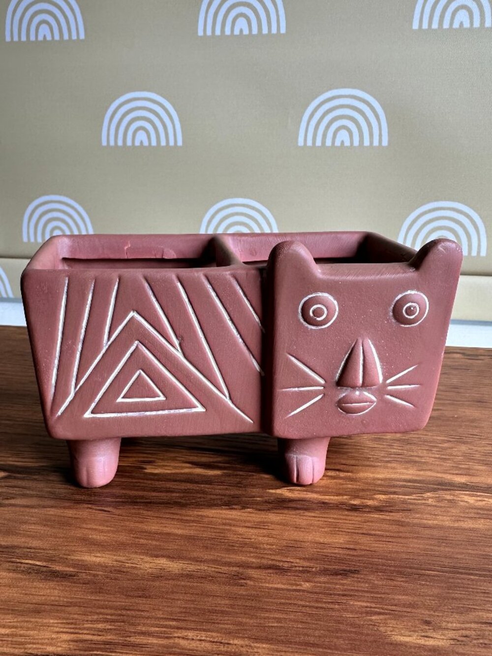 Ceramic Cat Planter Terracotta Mauve Boho Footed Succulent Pot Geometric